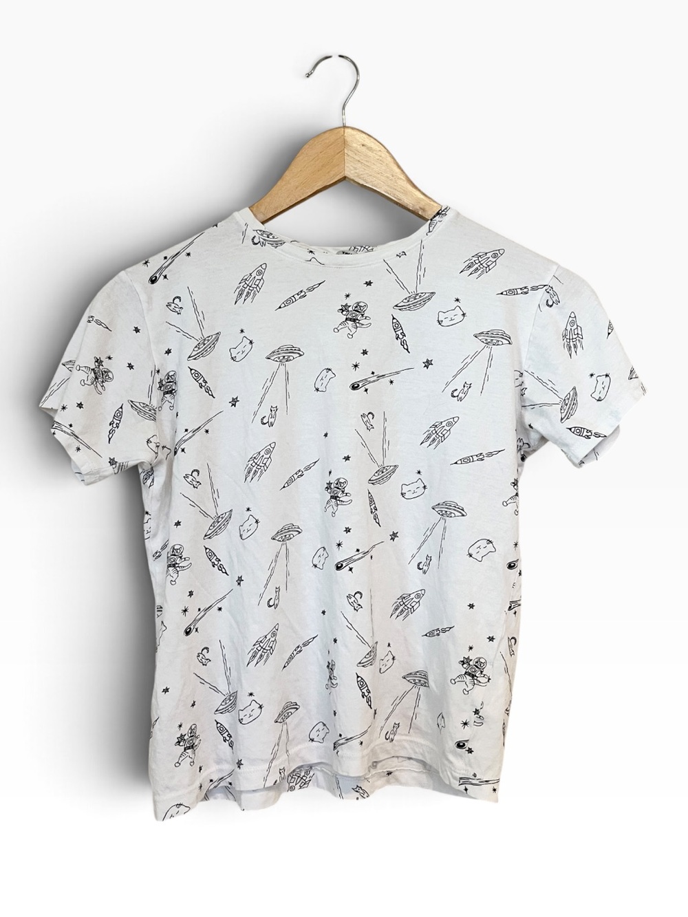 Tally Weijl White Fitted Cat Space UFO Print Tee Size Small Cotton
